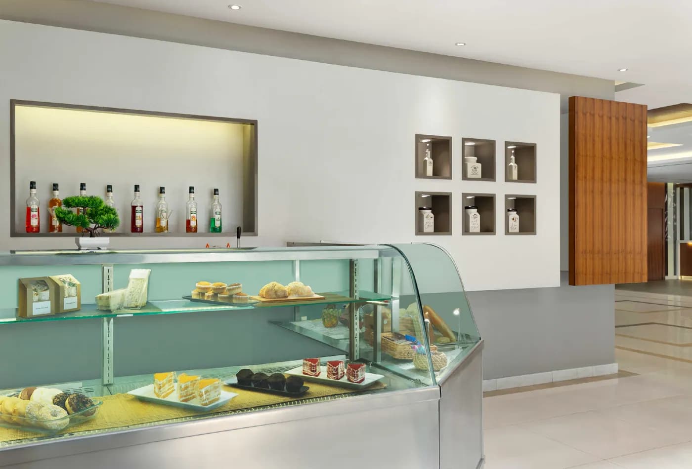 The 24-hour lobby café counter