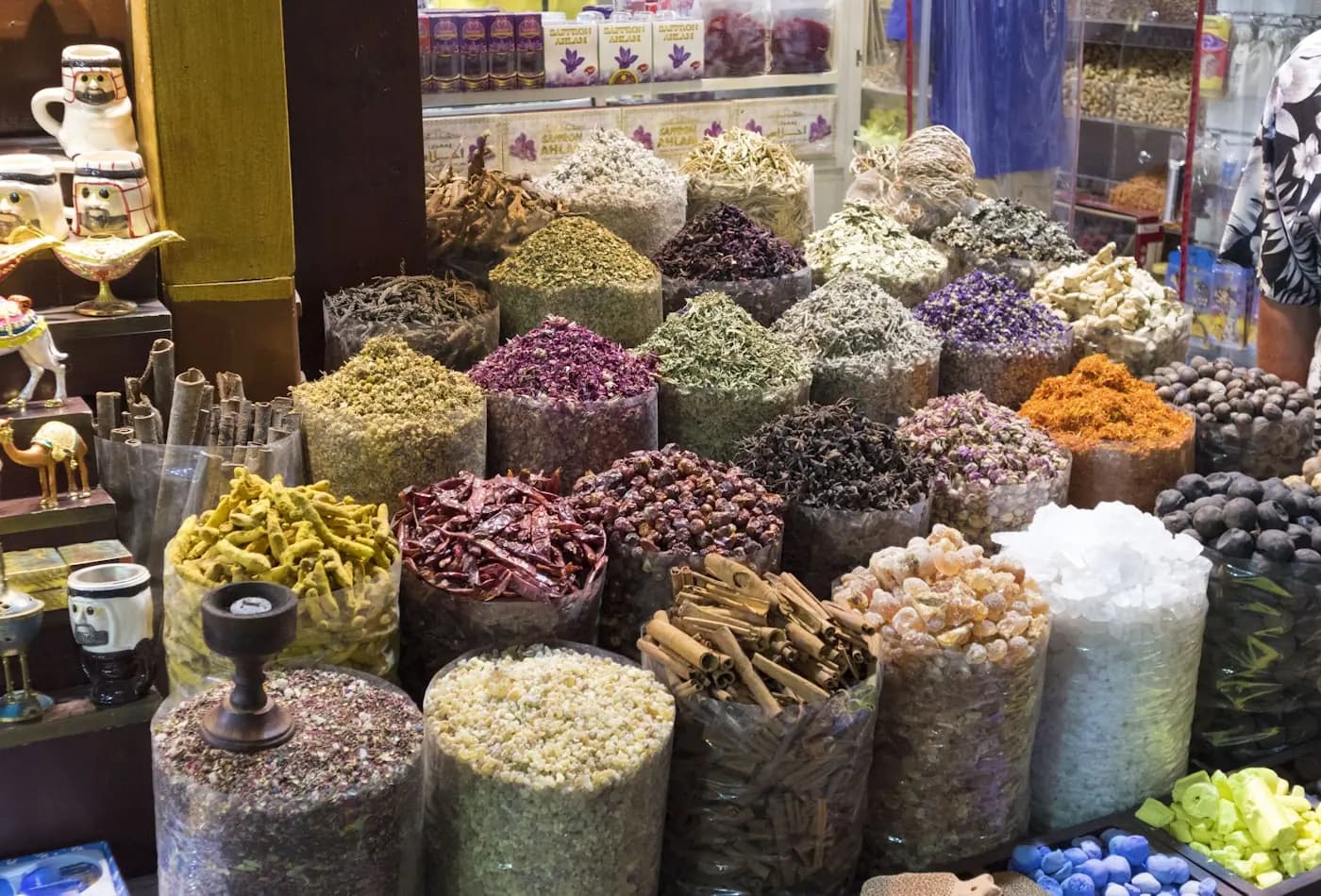 Cones of coloured spices at the Deira Spice Souk