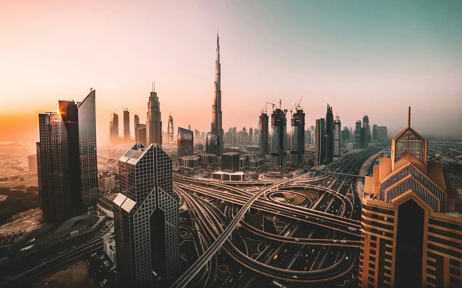 Dubai skyline from above at dusk